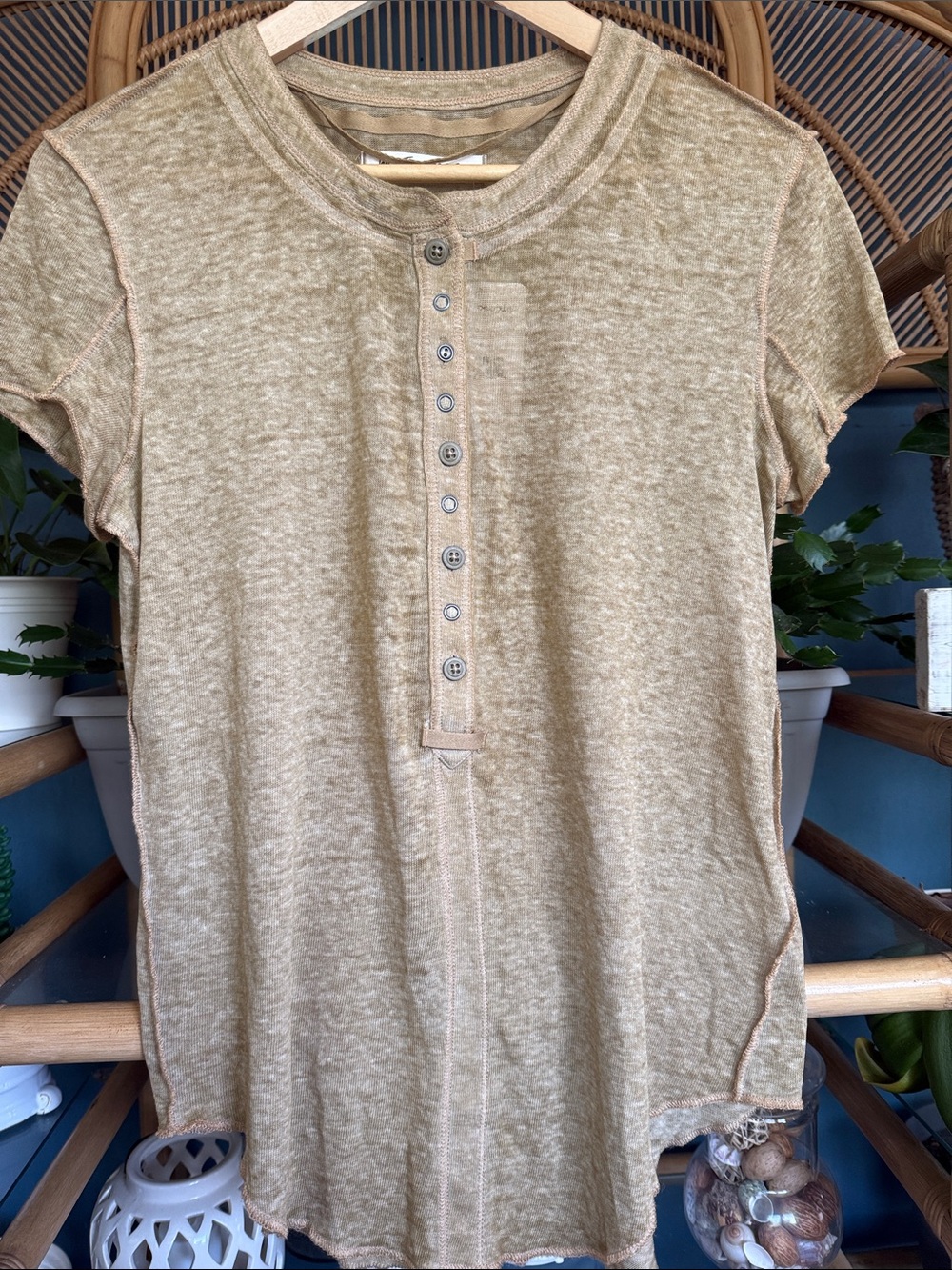 We The Free Short-Sleeve Henley Top in Khaki/Tan